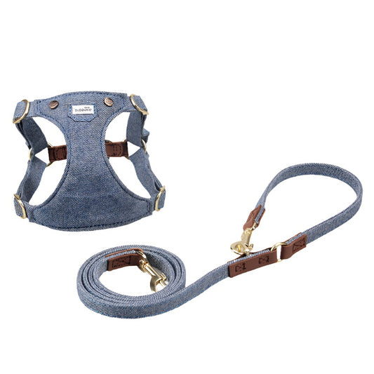 Dog harness and leash set. Blue denim with brown leather trims and gold hardware. Stylish dog walking set.