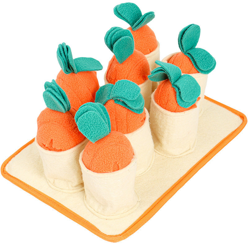 Dog treat finding high engagement toy. Carrot shaped squeaky toys sit in felt containers. multiple pockets for hiding dog treats in the game