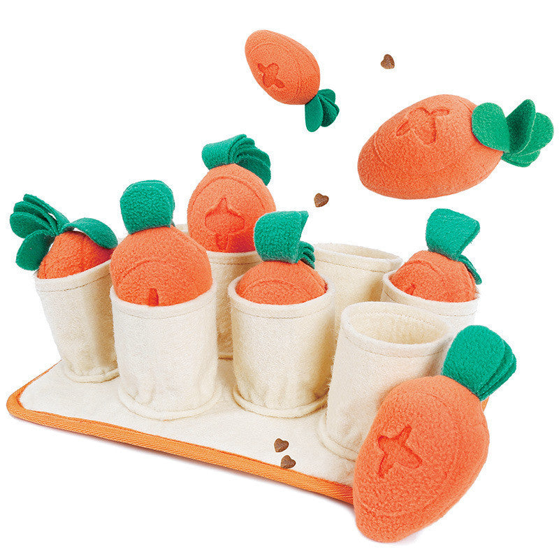 Carrots and treats flying. Dog treat finding high engagement toy. Carrot shaped squeaky toys sit in felt containers. multiple pockets for hiding dog treats in the game