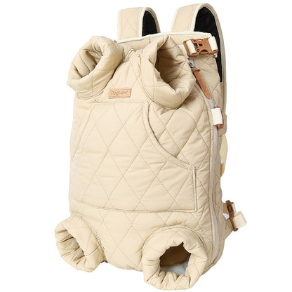 Quilted dog carrier bag. Backpack or chest pack style, safe dog carrying for small to medium dogs. Colour cream.