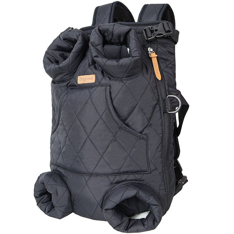 dog carrier bag. Quilted Backpack or chest pack style, safe dog carrying for small to medium dogs. Colour black