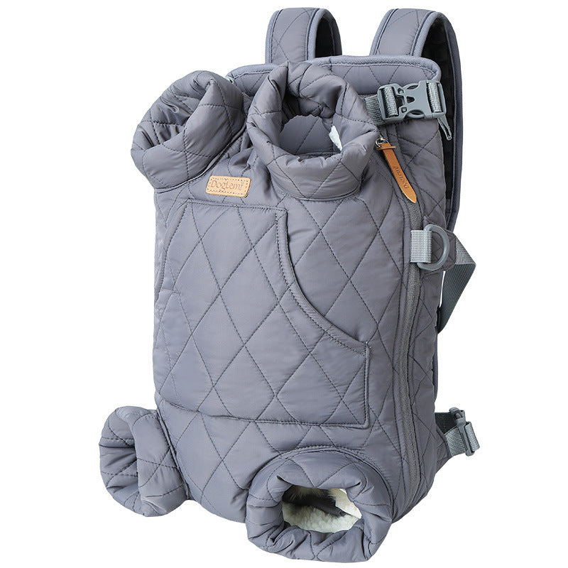 Grey quilted dog carrier bag. Backpack or chest pack style, safe dog carrying for small to medium dogs. 