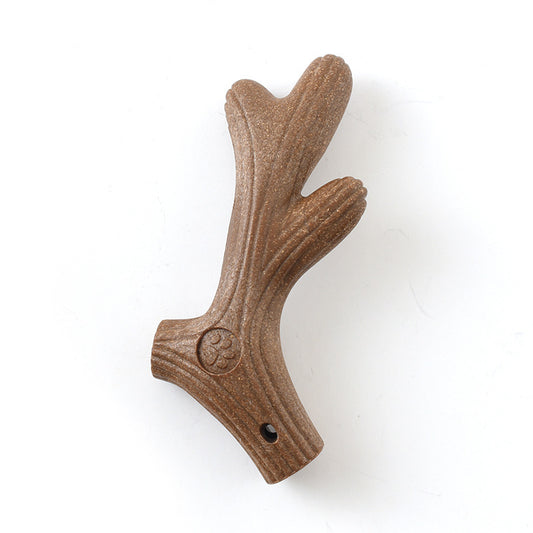 Dog chew toy shaped like an Antler, brown colour featuring treat hiding hole