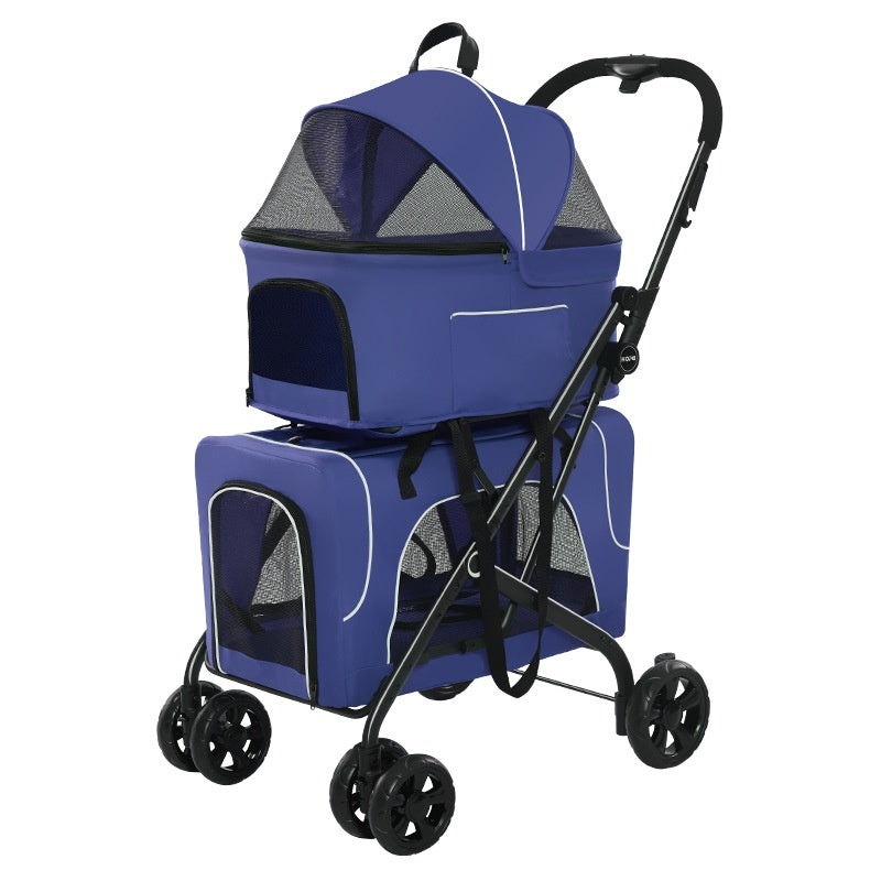 Durable dog stroller featuring blue og bag and basket that easily remove for individual travel. Safe, hardwearing in colour Blue.