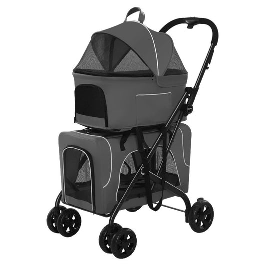 Grey dog stroller featuring removable dog bag and removable dog basket for individual safe travel for your pup.