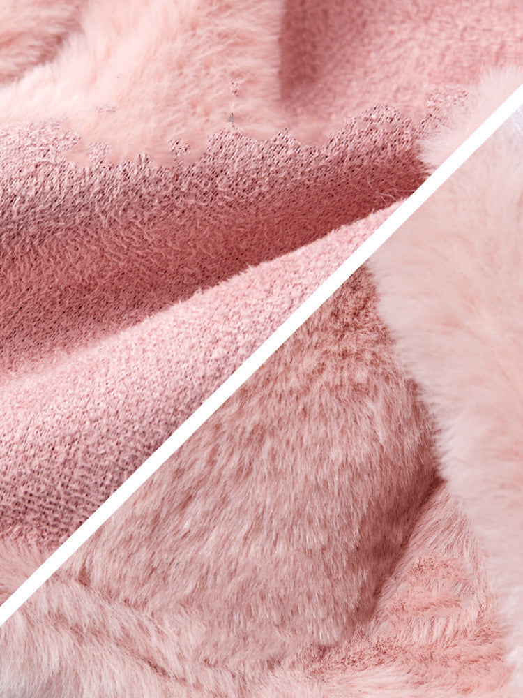 close up of faux suede and fur fabrics in pink.